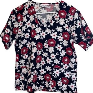UA Scrubs Red Black Floral Scrub Top Small